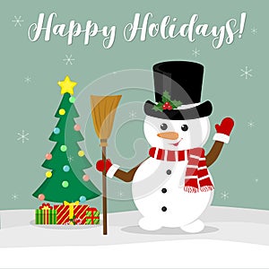 New Year and Christmas card. Cute snowman in a hat holding a broom. Christmas tree and boxes with gifts in winter