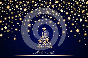 New Year and Christmas card design: gold Christmas Tree made of stars and snowflakes with abstract shining falling stars