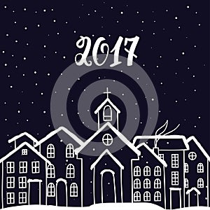 New Year and Christmas card with houses in vector