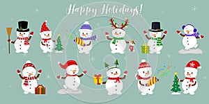 New Year and Christmas card. Set of eleven cute snowmen in different hats and poses in winter. Christmas tree, gifts, confetti,