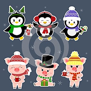 New Year and Christmas card. A set sticker of three piglets and three penguins is typical in different hats and poses in