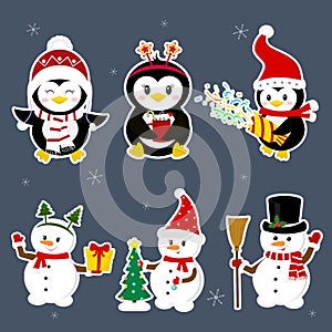 New Year and Christmas card. A set of stickers of three penguins and three characters of snowmen in different hats and