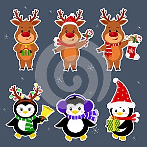 New Year and Christmas card. A set stickers of three penguins and three deer characters in different hats and poses in