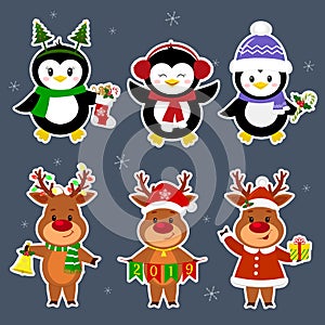 New Year and Christmas card. A set stickers of three penguins and three deer characters in different hats and poses in