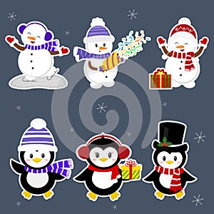 New Year and Christmas card. A set stickers of three penguins and three snowmen characters in different hats and poses