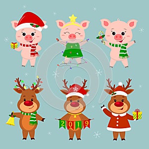 New Year and Christmas card. A set of three deer and three pig characters in different hats and suits in winter. Gift