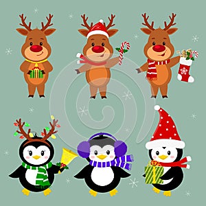 New Year and Christmas card. A set of three penguins and three deer characters in different hats and poses in winter