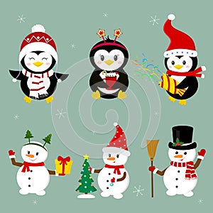 New Year and Christmas card. Set of three penguins and three snowmen characters in different hats and poses in winter