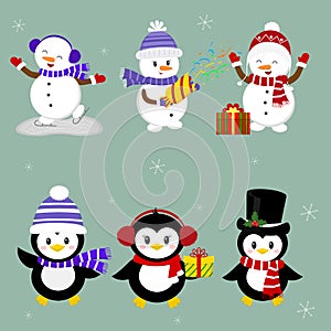 New Year and Christmas card. A set of three penguins and three snowmen characters in different hats and poses in winter