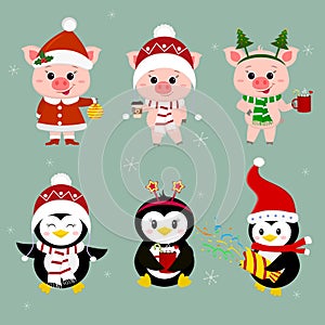 New Year and Christmas card. A set of three piglets and three penguins character in different hats and poses in winter