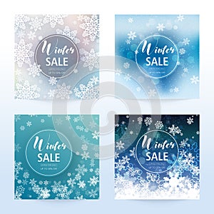 New Year and Christmas card with snowflakes of blue and gray