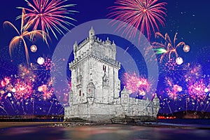 Belem tower Lisboa/Lisbon, Portugal with fireworks photo