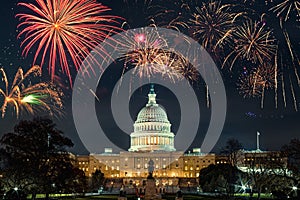 The United States Capitol, or Capitol Building Washington, USA with fireworks