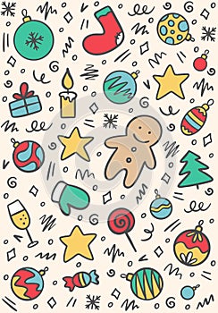 New Year and Christmas colorful doodle pattern with tree, sock, balls, stars, mitten, candy, champagne and present.