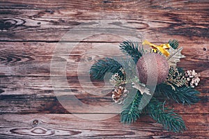 New year, christmas composition, ball with bow on fir branches