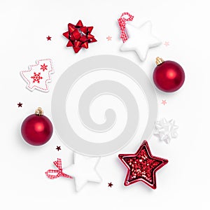 New Year and Christmas composition. Wreath on white background. Top view, flat lay, copy space