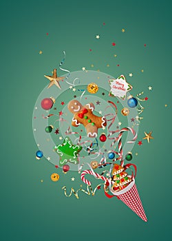 New Year and Christmas concept with Christmas cookies, festive winter decorations and confetti. Holiday banner