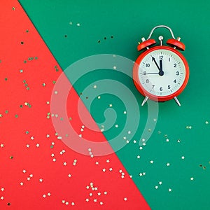 New Year or Christmas concept flatlay alarm clock