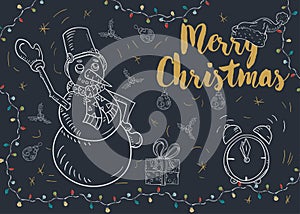 New year Christmas contour illustration for decoration design greeting inscription snowman with bucket alarm clock gift garland