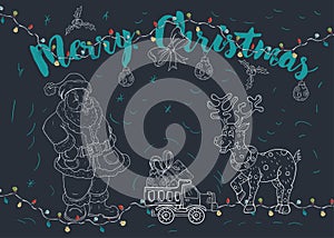 New year Christmas contour illustration for decoration design Santa Claus deer and machine with gifts greeting inscription garland