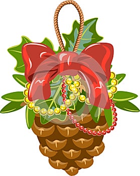 New Year, Christmas decorated Christmas tree pine cone. Vector illustration. Cone with beads and bow.
