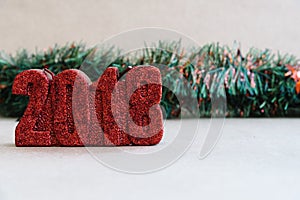 New Year Christmas decoration on rustic background. 2018