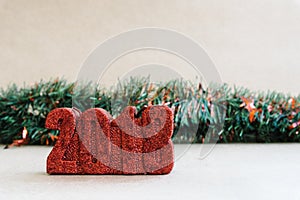 New Year Christmas decoration on rustic background. 2018