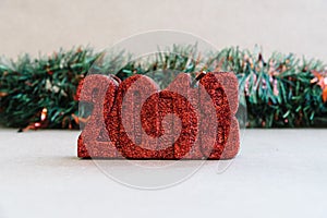 New Year Christmas decoration on rustic background. 2018