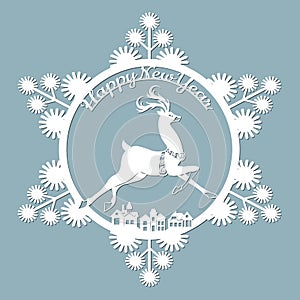 New year, Christmas, deer, snowflake. Template For laser cutting, plotter and silkscreen printing