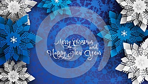 New year 2020 and Christmas design. Blue and white christmas paper cut snowflakes