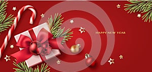 New Year and Christmas design template. Winter red background with decorative golden balls, gift box, red bow, stars.