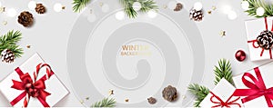 New Year and Christmas design template. Xmas background with decorative red bell, fir twig and gift box.