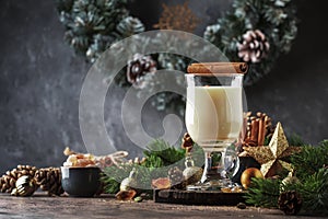 New Year or Christmas Eggnog cocktail - hot winter or autumn drink with milk, eggs and dark rum, sprinkled with cinnamon and