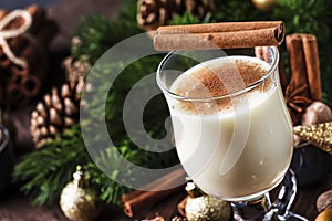 New Year or Christmas Eggnog cocktail - hot winter or autumn drink with milk, eggs and dark rum, sprinkled with cinnamon and