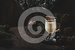 New Year or Christmas Eggnog cocktail - hot winter or autumn drink with milk, eggs and dark rum, sprinkled with cinnamon and