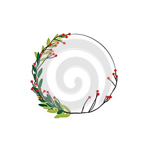 New Year and Christmas festive wreath of branches, berries and leaves, isolated on white background