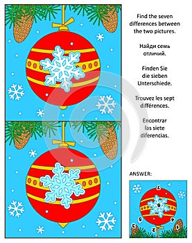 New Year or Christmas find the differences picture puzzle with red ball