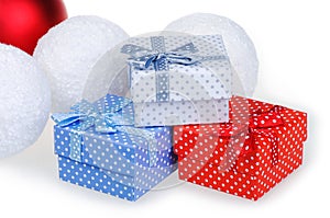 New Year Christmas gift red white blue box with a bow on a white background