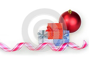 New year Christmas gift red, white and blue box with a bow white background