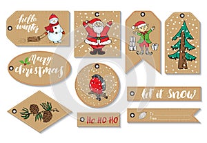 New Year and Christmas gift tags set. Hand drawn sketch greeting cards template with doodles festive elements. Vector illustration