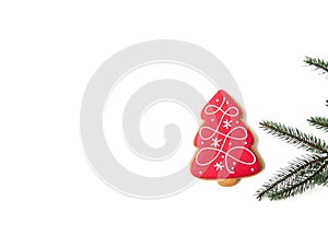 New year and christmas gingerbread cookie with christmas tree. cookies shaped tree . christmas flat lay. white background.