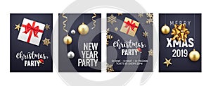 New Year Christmas greeting card background flyer or brochure design. Christmas holiday banner gold decoration