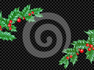New Year or Christmas greeting card background template of fir or pine New Year tree branch and holly leaf wreath on premium black
