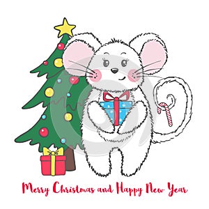 New Year and Christmas greeting card with cute mouse