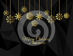 New year and Christmas greeting card with gold snowflakes on strings on a black polygon background