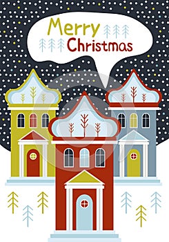 New year and Christmas greeting card. Merry Christmas house. Cartoon vector illustration. Snowy night in cozy christmas town city