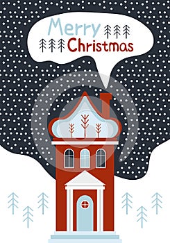 New year and Christmas greeting card. Merry Christmas house. Cartoon vector illustration. Snowy night in cozy christmas town city