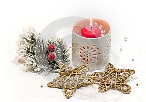 New Year, Christmas holiday card. Christmas photo red candle gold stars