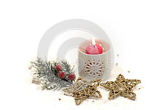 New Year, Christmas holiday card. Christmas photo red candle gold stars