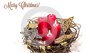 New Year, Christmas holiday card. Christmas photo red candles gold silver stars advent wreath